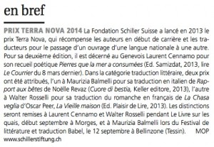 Prix Terra Nova dans Le Courrier du 5 avril 2014.